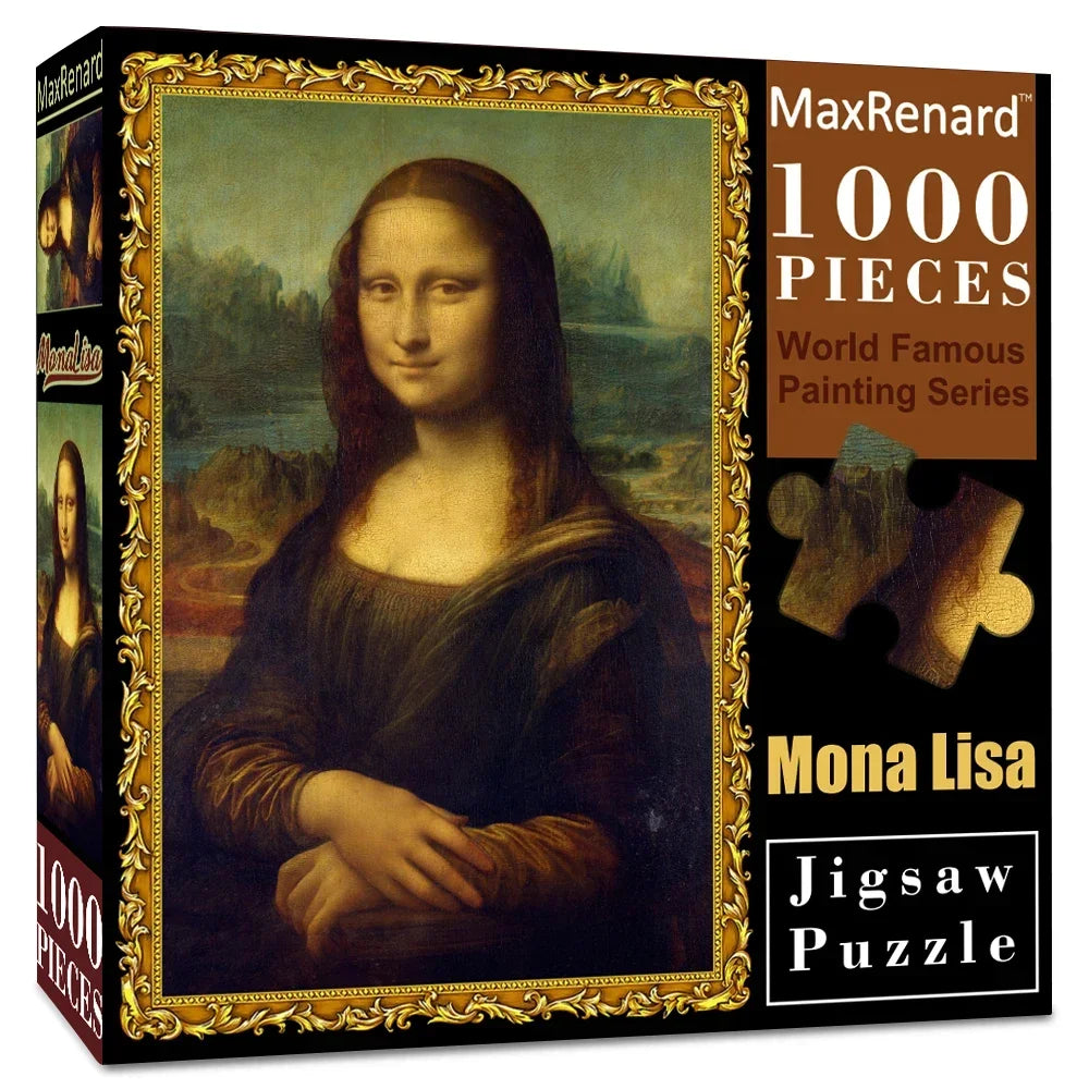 A box of a 1000-piece jigsaw puzzle featuring a painting of Mona Lisa.