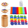 A set of wooden color sorting tools including a circular board, colored rods, and various geometric shapes for toddlers.