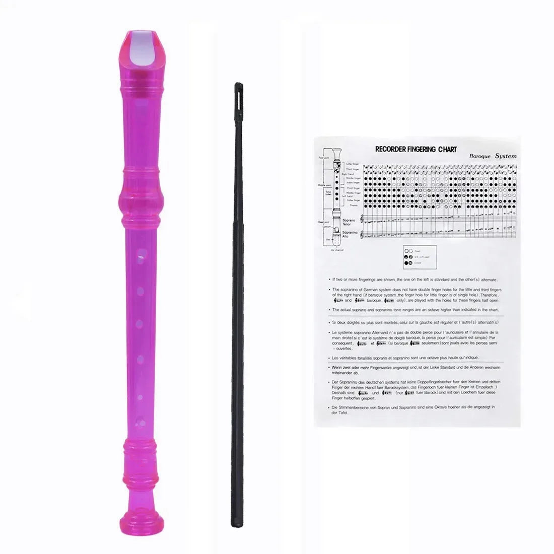 A pink 8-hole soprano recorder with a cleaning rod and a fingering chart.