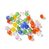 Assortment of faceted rondelle glass beads in various colors including green, yellow, blue, and orange.