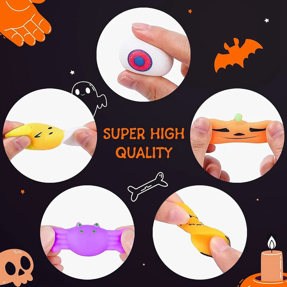 A collection of Halloween squishy stress relief toys including a ghost, cat, and pumpkin shaped mochi squishies.