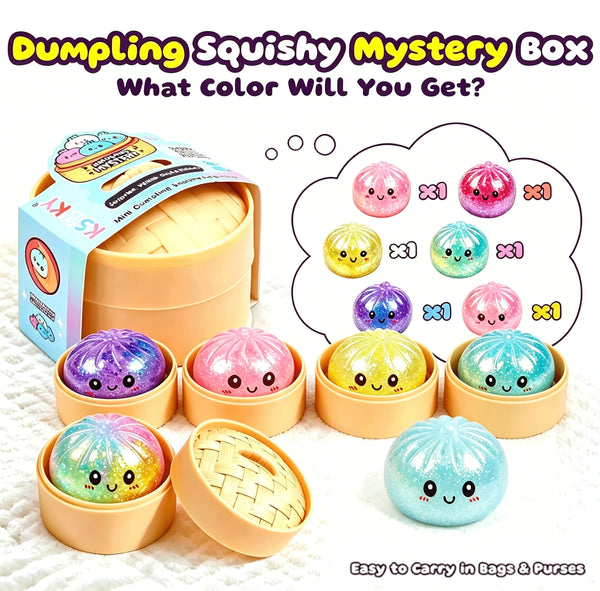 A box of dumpling squishy mystery toys showing various colors and textures ready to be selected.