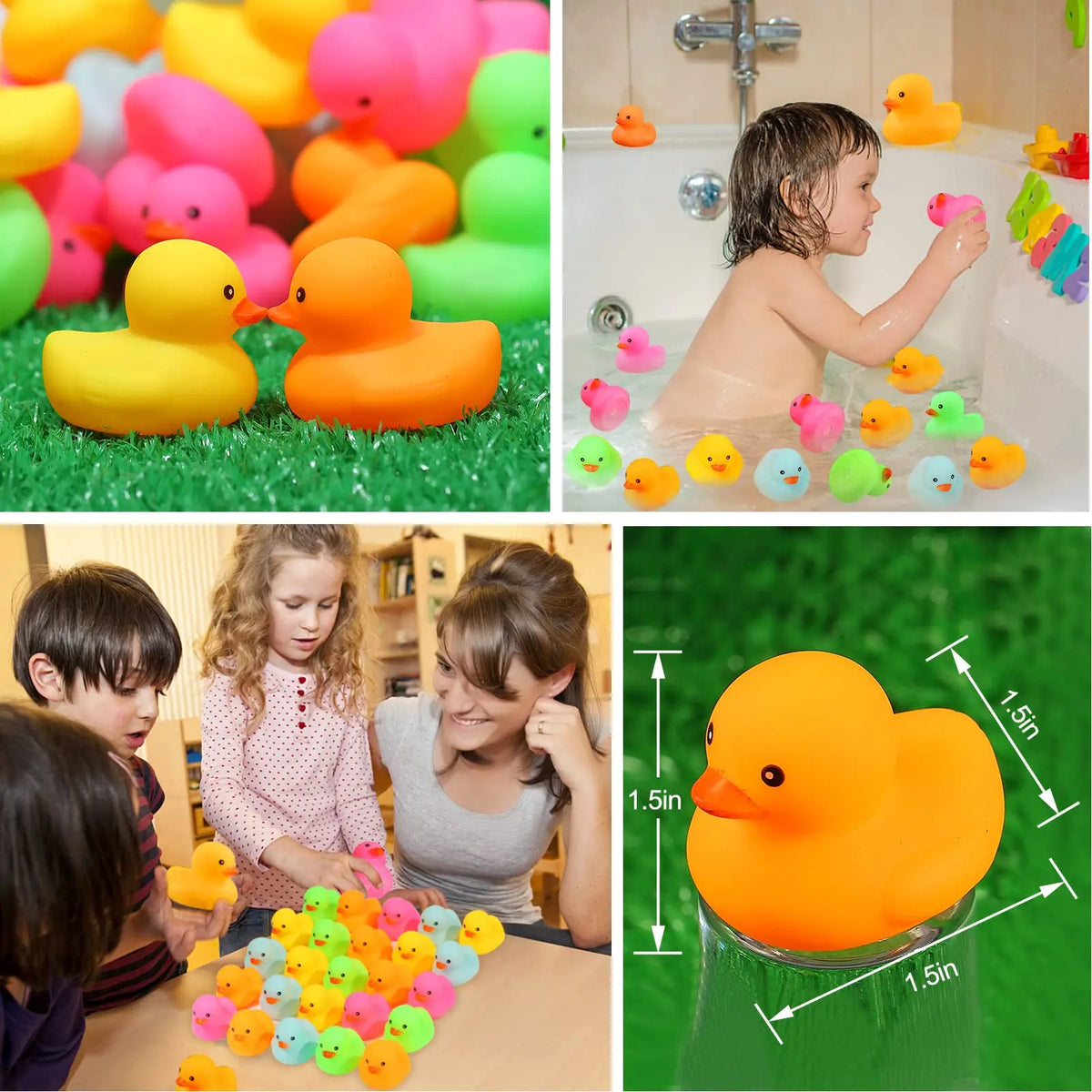 Assorted mini silicone rubber ducks in various colors floating in water and on grass.