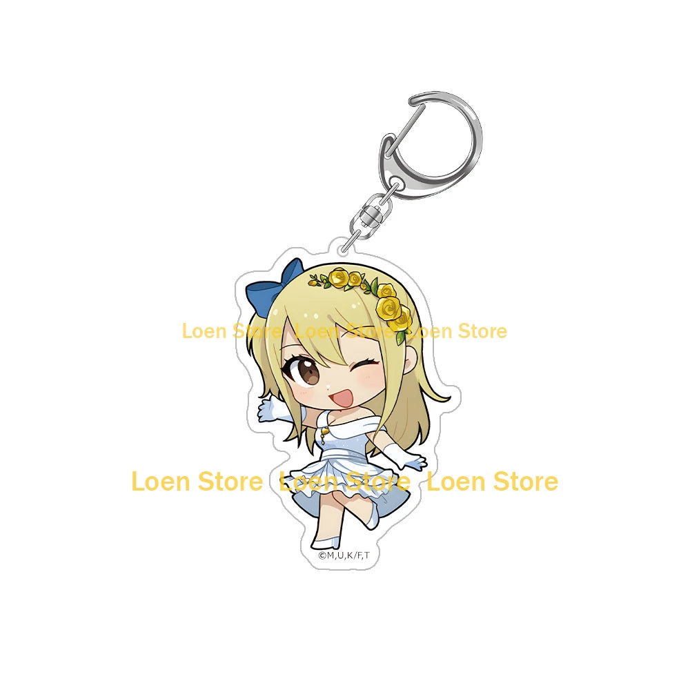 Chibi acrylic keychain of a blonde anime character with yellow flowers and a blue bow.