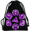 A set of transparent polyhedral dice, including a d20 and d12, is displayed in a black pouch.