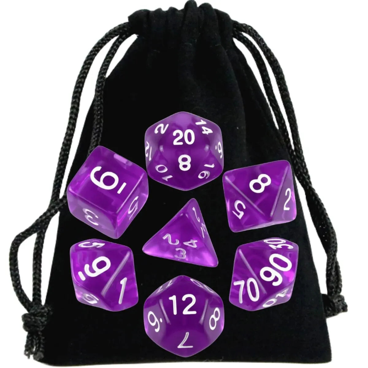 A set of transparent polyhedral dice, including a d20 and d12, is displayed in a black pouch.