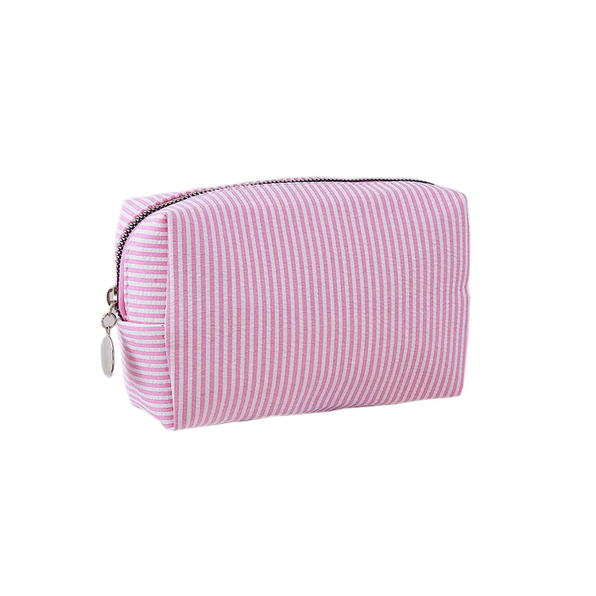 Pink and white striped canvas pencil case with a zipper closure