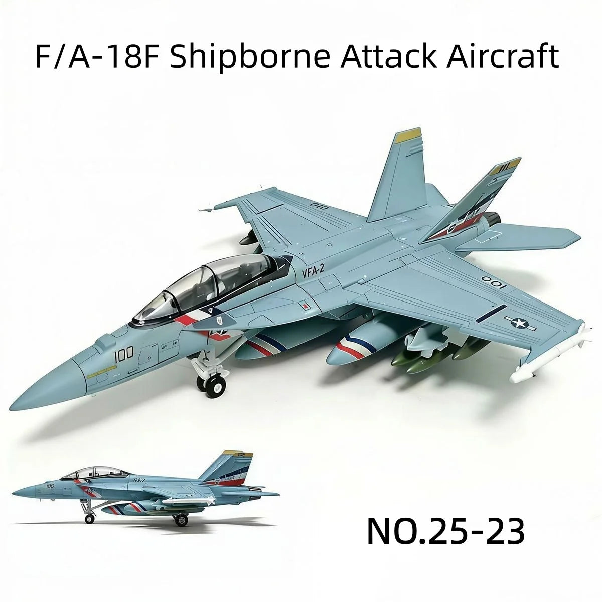 A scale model of an F/A-18F Shipborne Attack Aircraft in light blue and gray camouflage.