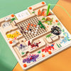 A wooden magnetic dinosaur counting board with various dinosaurs and colored pegs for a maze game.