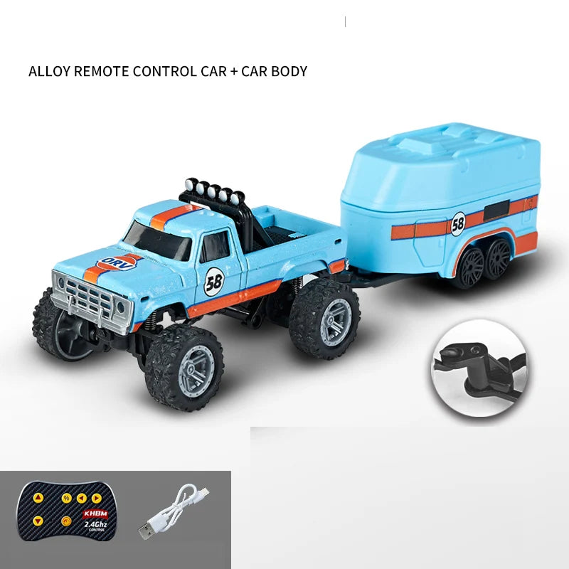 A blue alloy remote control car with a car body and a transmitter, shown in a studio setting.