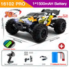 A yellow and black RC monster truck with LED lights is shown next to its remote control and battery.