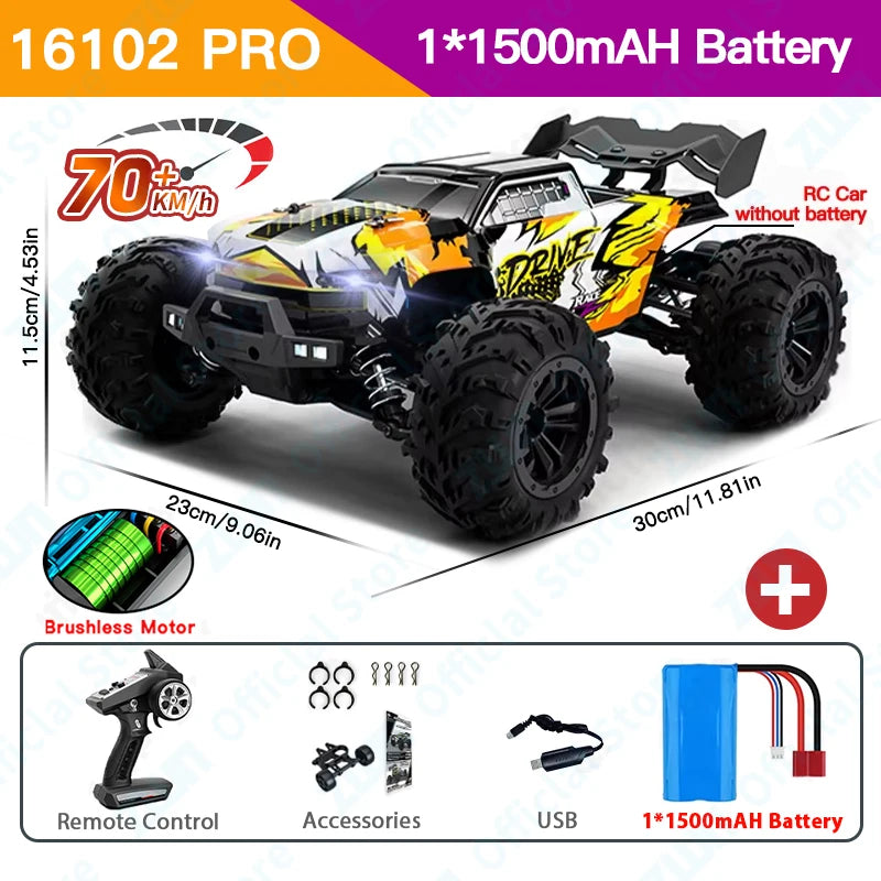 A yellow and black RC monster truck with LED lights is shown next to its remote control and battery.