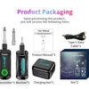 Product packaging showing a wireless guitar system including a transmitter, receiver, and charging box.