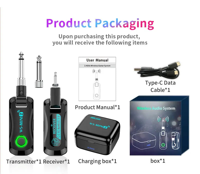 Product packaging showing a wireless guitar system including a transmitter, receiver, and charging box.