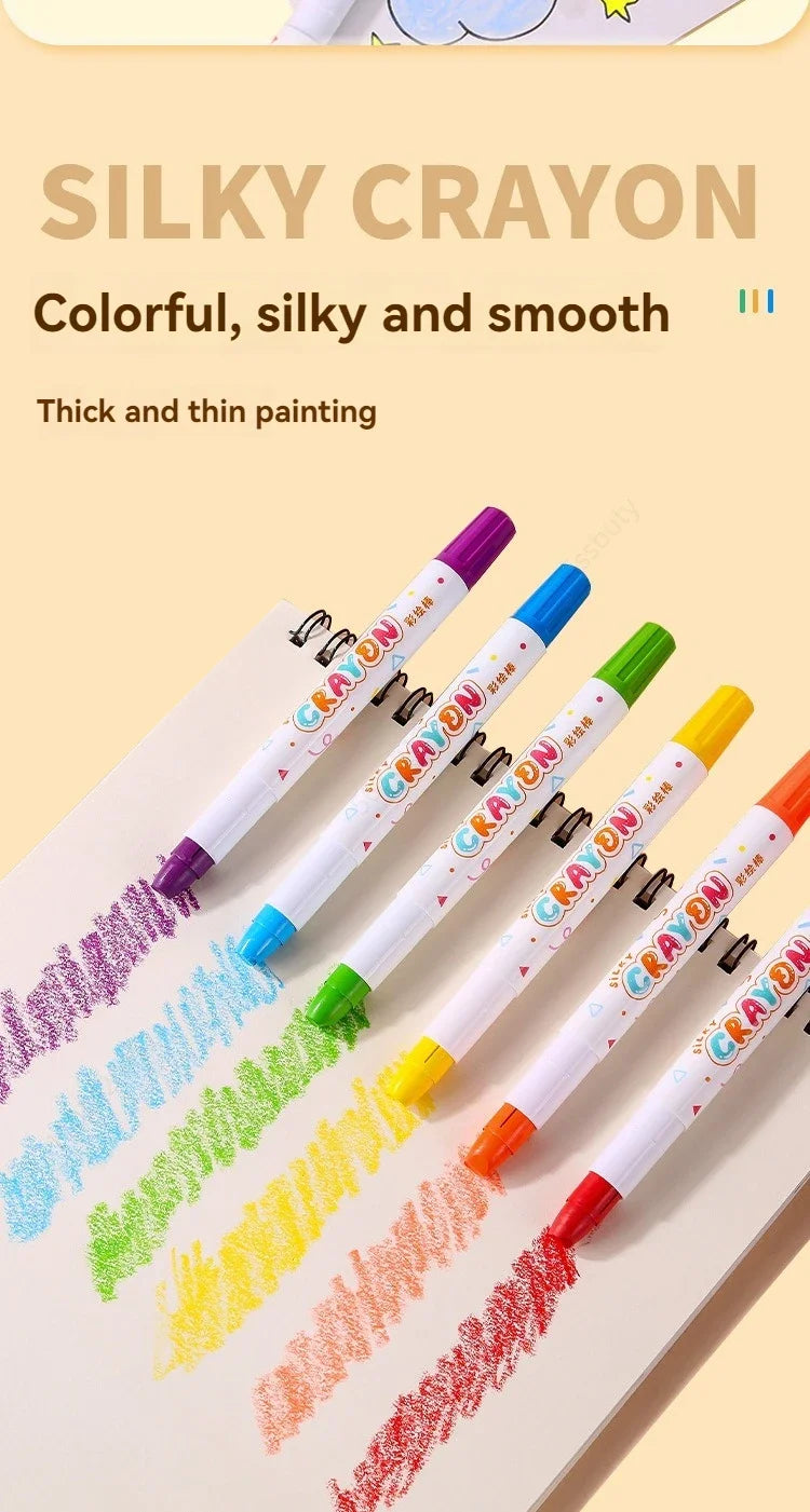 A set of silky crayon paints in various colors, including purple, blue, green, yellow, and red, demonstrating thick and thin 