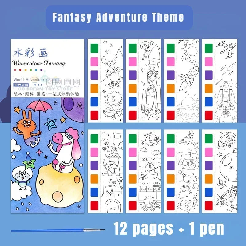 A set of 12 watercolor painting pages featuring fantasy adventure themes for children.