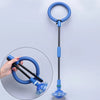 A blue glowing skip ball for kids with a handle and light, shown next to a hand demonstrating its use.