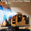 A yellow 4Dmachine RC excavator toy with flashing lights and realistic engine sounds on a sandy surface.