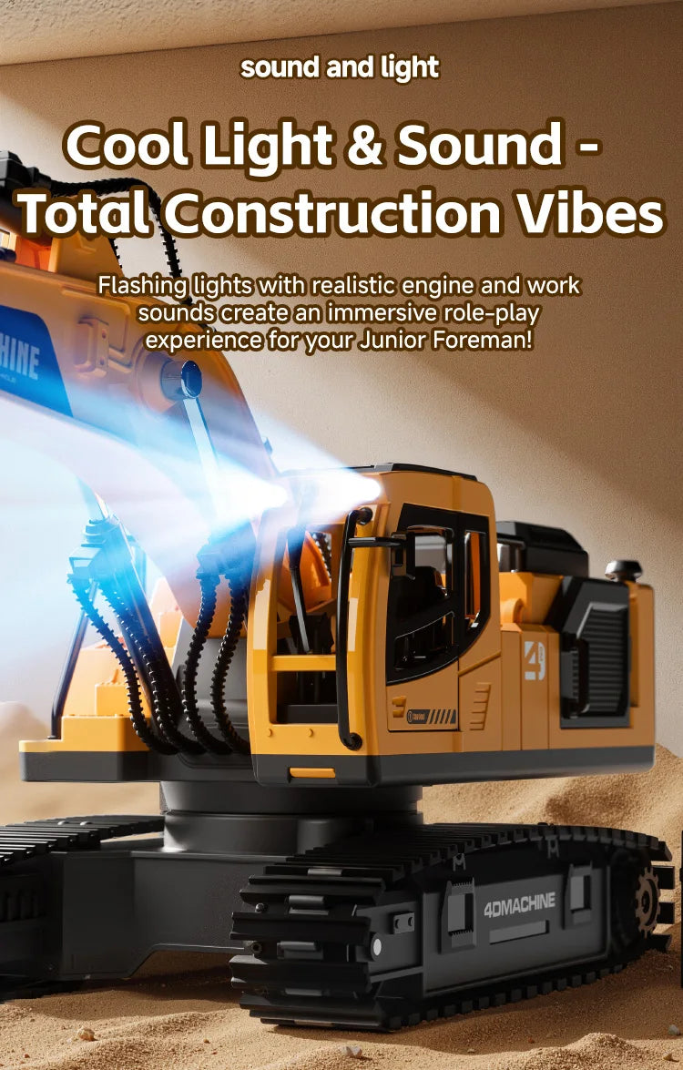 A yellow 4Dmachine RC excavator toy with flashing lights and realistic engine sounds on a sandy surface.