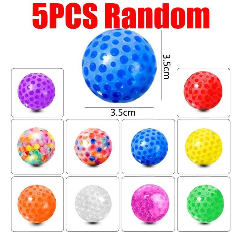 A collection of ten colorful, random-colored stress balls in various sizes and textures.