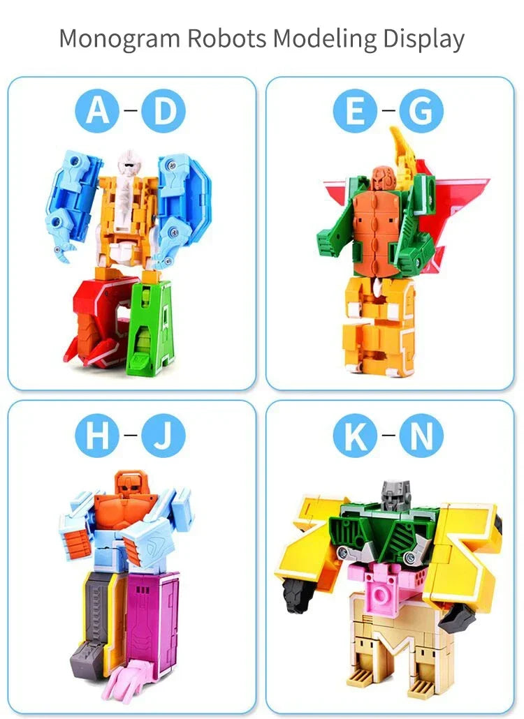 A display of Monogram Robots modeling figures labeled A through N, showing various colors and designs.