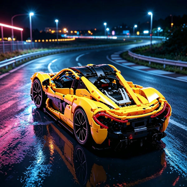 Ein gelbes P1-Supersportwagenmodell im Maßstab 1:8 auf nasser Rennstrecke bei Nacht.