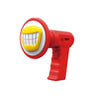 A red voice changer toy with a yellow mouth and a lanyard attached.