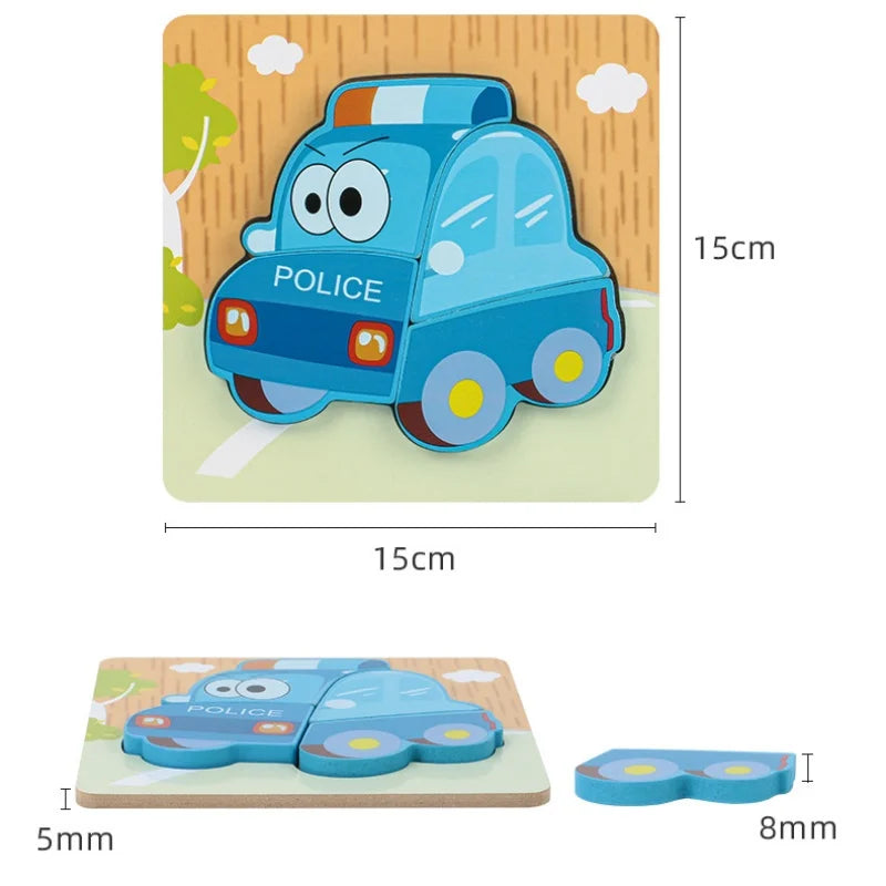 A blue wooden puzzle toy shaped like a police car for children's learning.