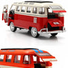 A red and cream vintage style metal bus diecast model with pull-back action.