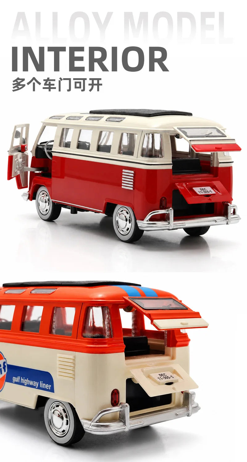 A red and cream vintage style metal bus diecast model with pull-back action.