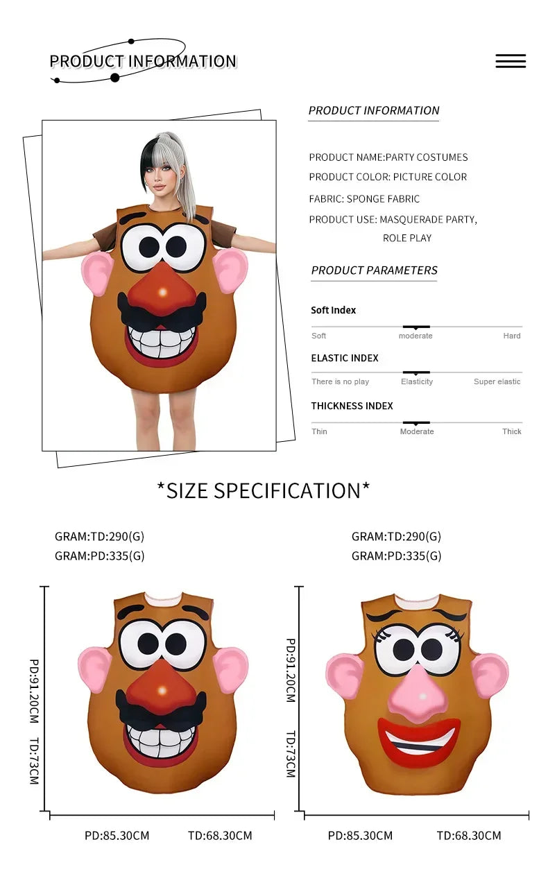 A brown Mr. Potato Head costume for a woman and a matching brown Mr. Potato Head costume for a man.