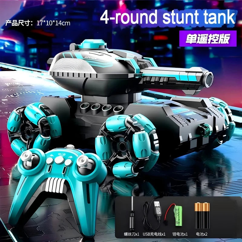 A black and teal RC stunt tank is shown with a remote control, featuring LED lights and components for drift maneuvers.