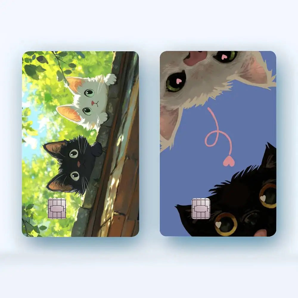 Two cards featuring cute cats, one white and one black, set for stickers.