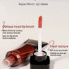 A visual guide showing the application of Aqua Mirror Lip Glaze using an oblique head brush and a non-stick applicator.