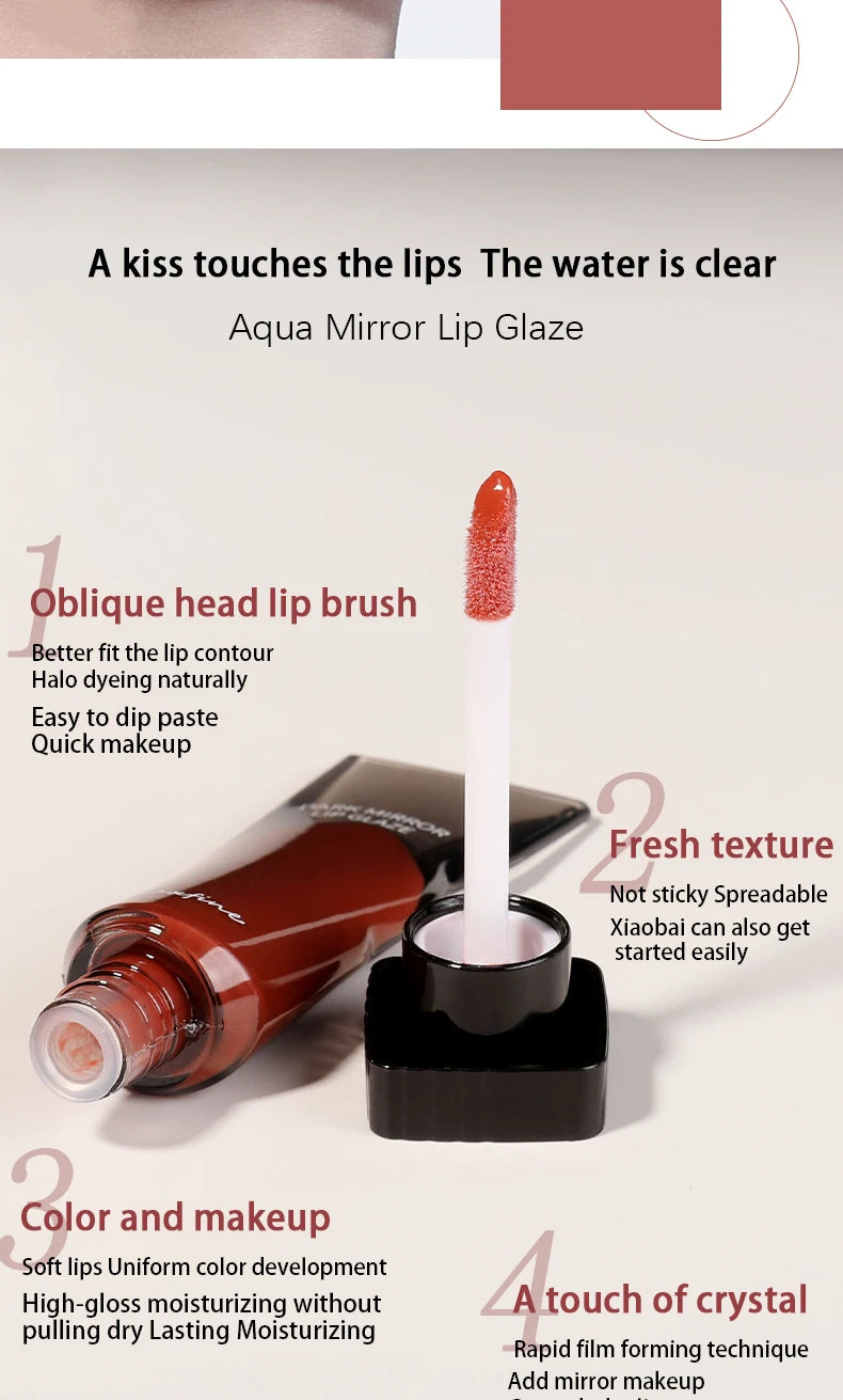 A visual guide showing the application of Aqua Mirror Lip Glaze using an oblique head brush and a non-stick applicator.