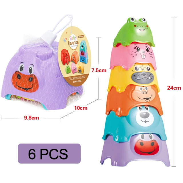 A set of six boat-shaped stacking cups bath toys for toddlers in various colors and shapes.
