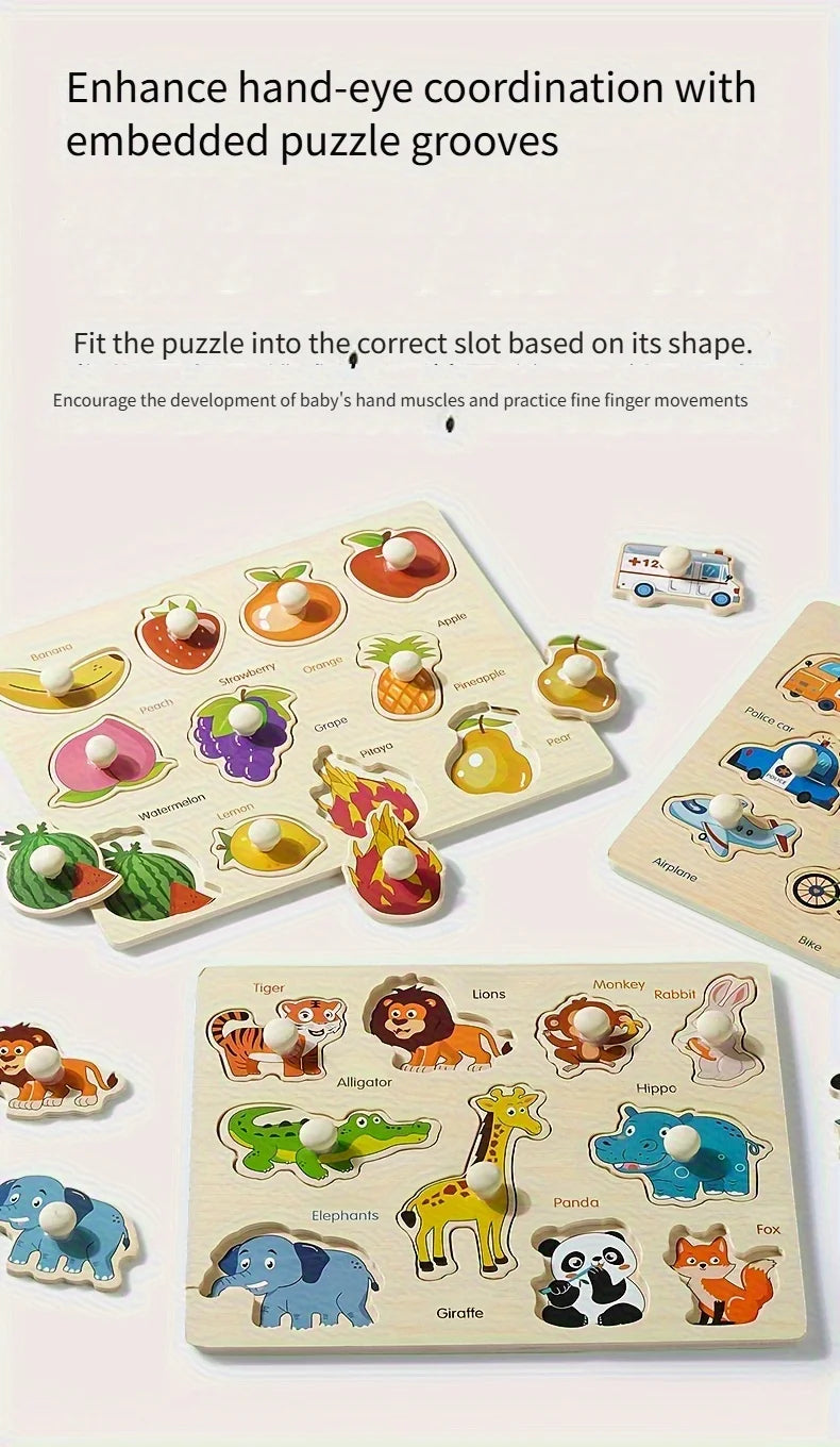 Wooden puzzle board with embedded grooves and various animal shapes for hand-eye coordination development
