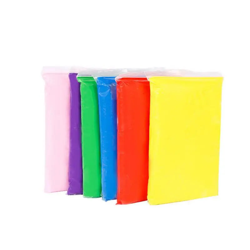 A set of five colorful air dry clay packages in pink, purple, green, orange, and yellow.