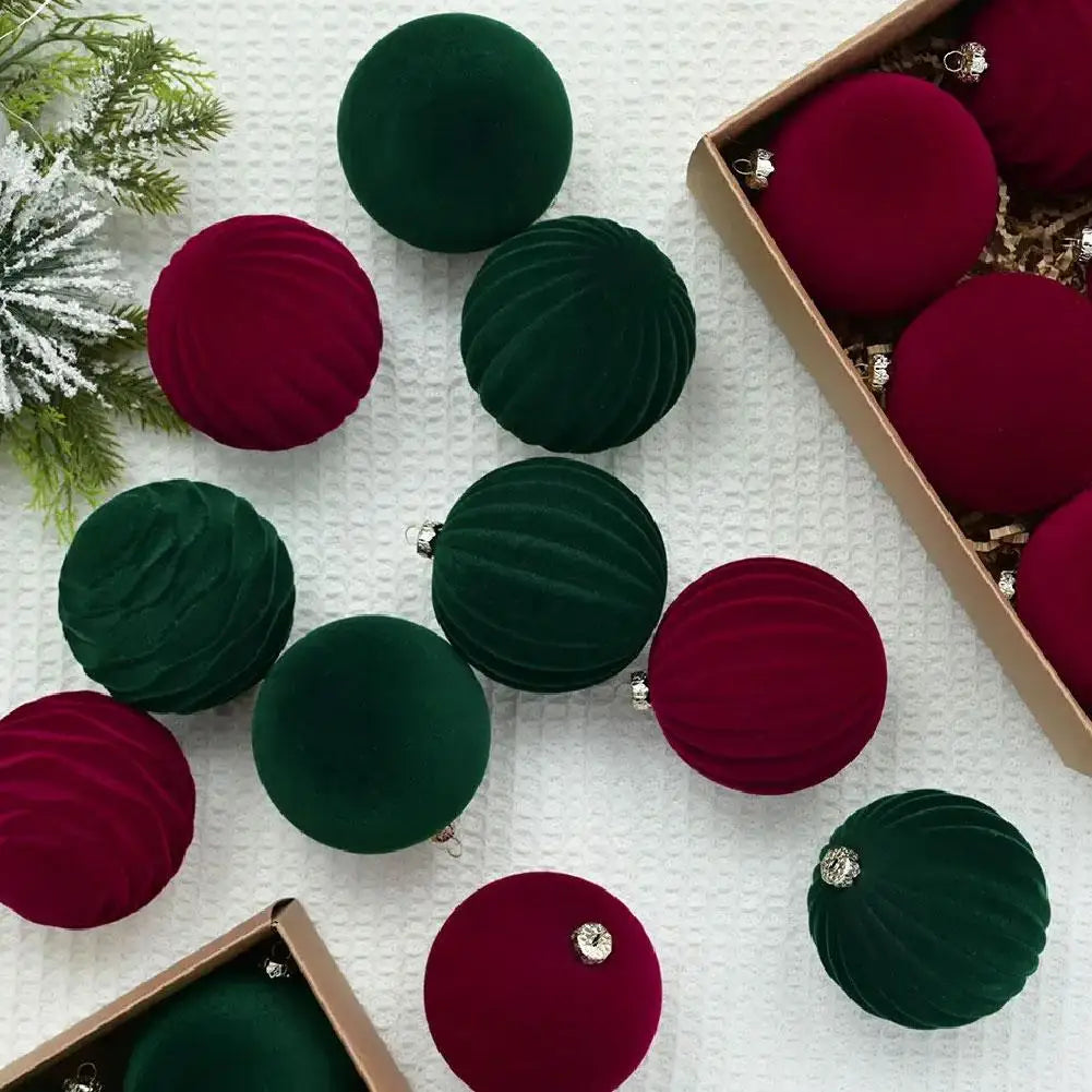 Set of 12 Velvet Flocked Christmas Tree Ornaments in Green