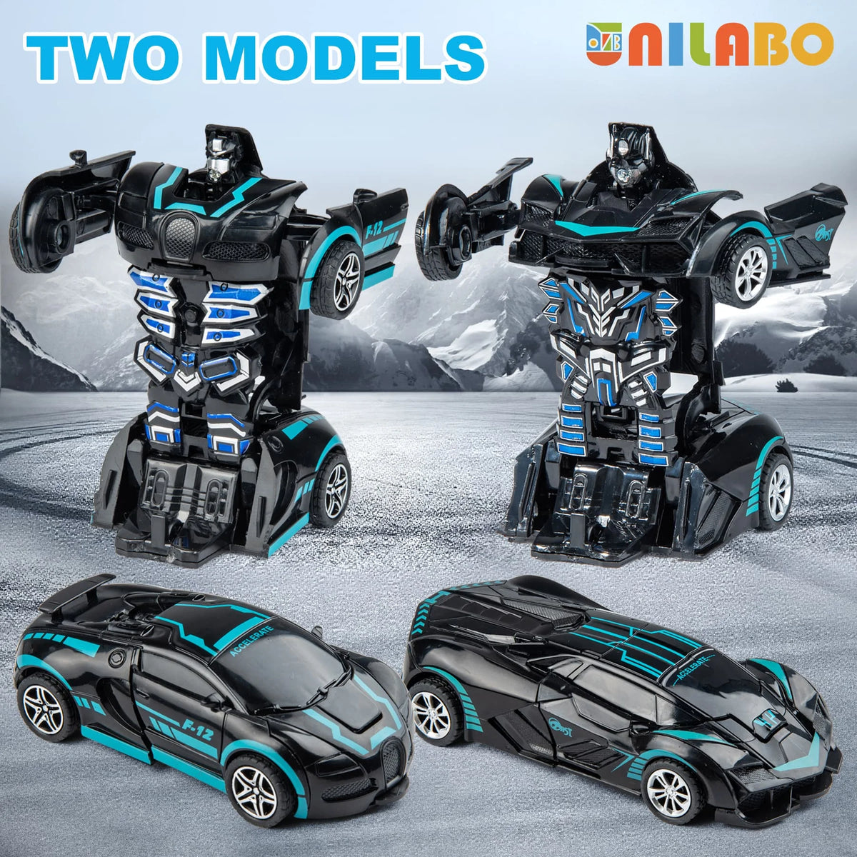 Two models of a transformable robot sports car toy in black and blue, shown from the front and side.