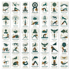 A deck of yoga pose affirmation cards featuring various poses like Peacock, Lotus, and Cat Pose.