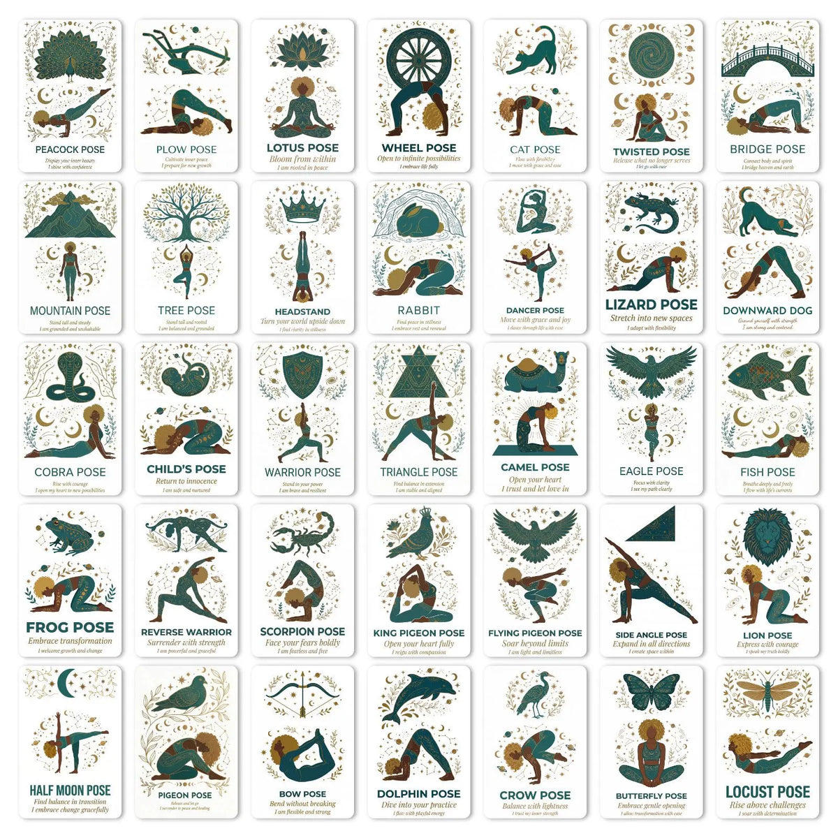 A deck of yoga pose affirmation cards featuring various poses like Peacock, Lotus, and Cat Pose.