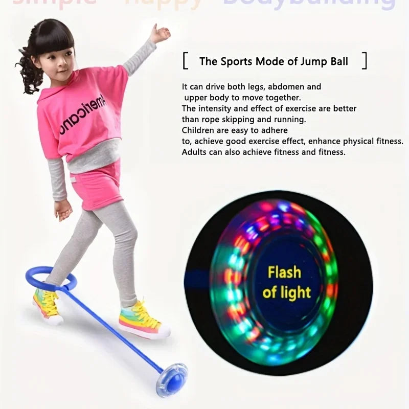 A young girl is demonstrating how to use a glowing skip ball for exercise and balance training.