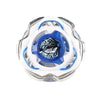 A metal spinning top with a clear plastic body and blue accents, showing the precision balance mechanism.