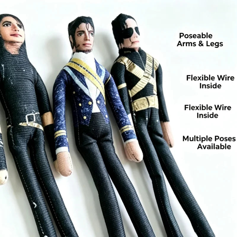 Three collectible plush dolls resembling Michael Jackson with poseable arms and legs
