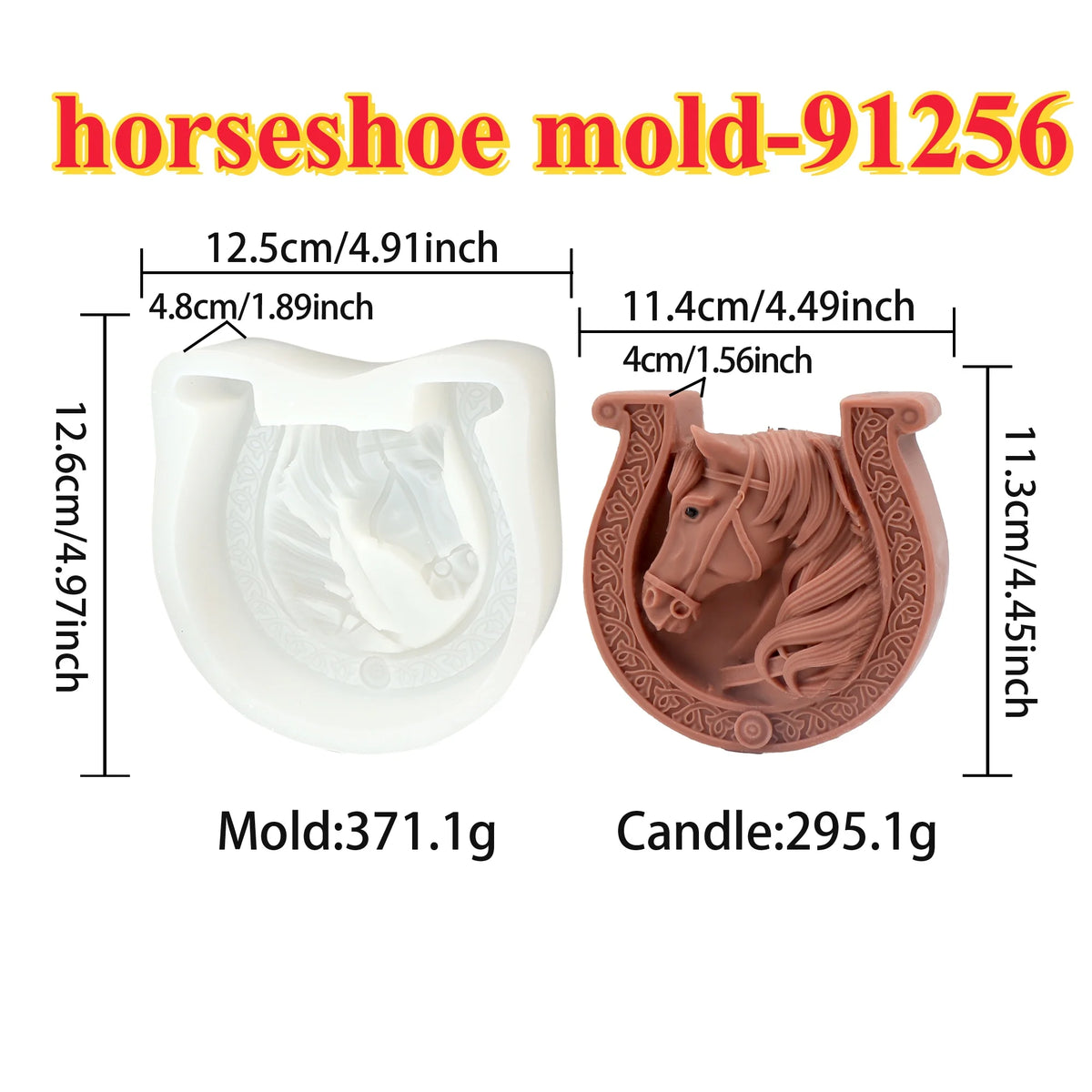 A white silicone mold and a terracotta candle showing the detailed shape of a horseshoe with Celtic knot design.