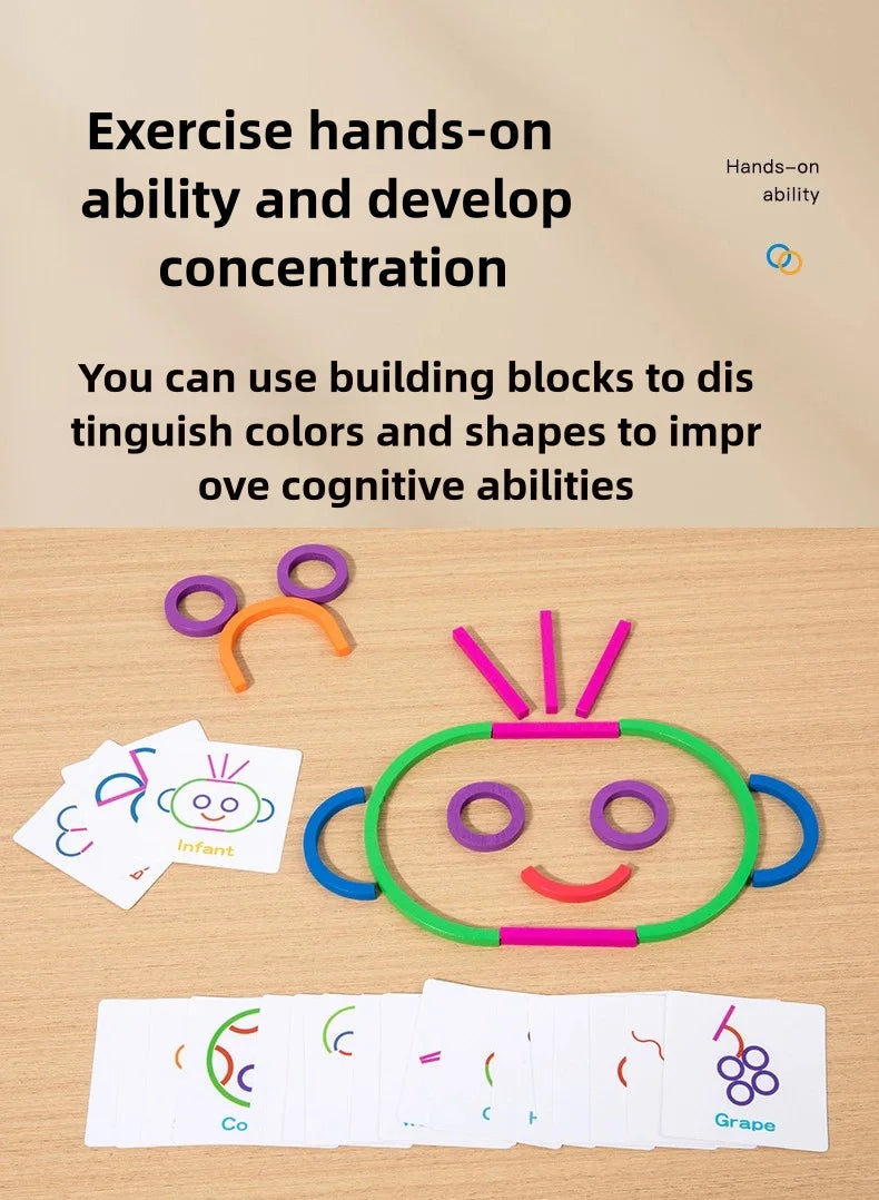 Building blocks and cards showing colors and shapes used to exercise hands-on ability and develop concentration