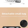 A detachable small bag in black and white geometric pattern shown with dimensions and a separate folded version.