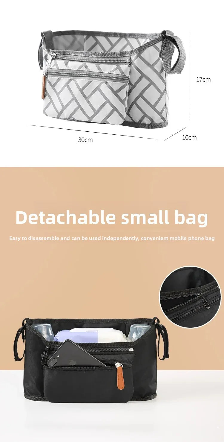 A detachable small bag in black and white geometric pattern shown with dimensions and a separate folded version.