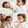 A set of five soft cotton muslin baby washcloths shown in various uses including burping, drying, and facial cleansing.
